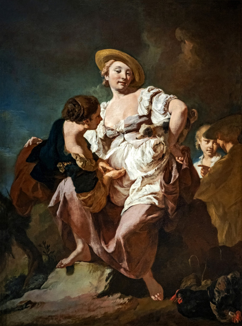 Pintura a óleo de Giovanni Battista Piazzetta, 'A Camponesa', retratando uma mulher jovem de chapéu de palha, vestindo roupas de camponesa, interagindo com outras figuras em um ambiente rural escuro. A iluminação dramática destaca os rostos e gestos.