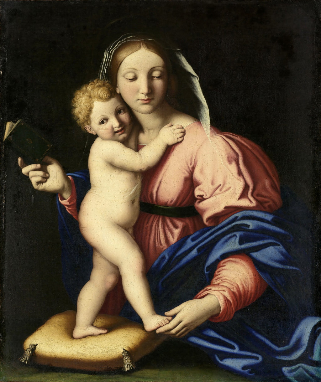 Pintura de Giovanni Battista Sassoferrato, 'A Virgem e o Menino', mostrando Maria com um véu branco, vestindo rosa e azul, segurando o Menino Jesus que segura um livro verde, ambos com feições serenas e pele clara, contra um fundo escuro.