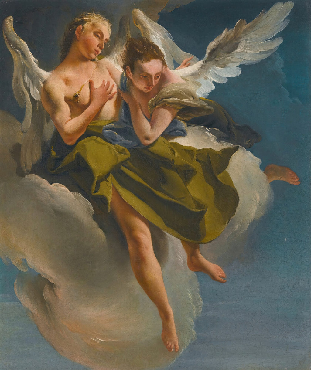 Pintura clássica de dois anjos com asas brancas, sentados em nuvens volumosas. O anjo da esquerda tem o torso nu e o da direita está mais inclinado, ambos com vestes esvoaçantes em tons de verde oliva e azul, contra um céu azulado.