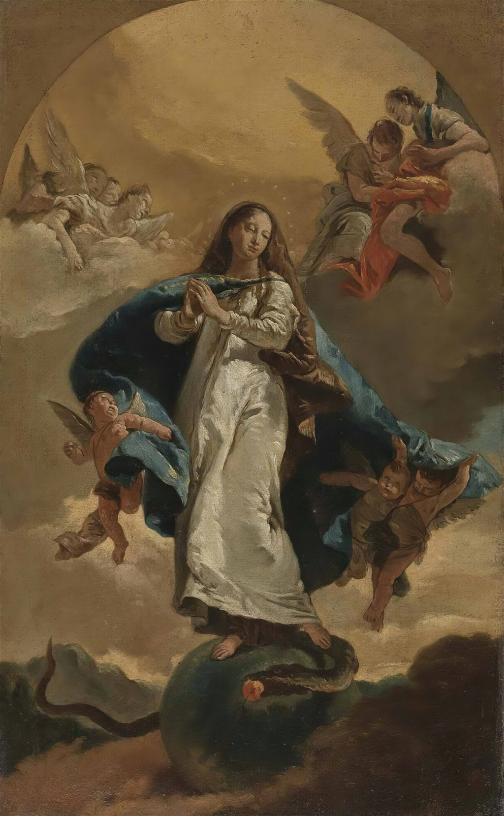 Pintura a óleo de A Imaculada Conceição de Giovanni Battista Tiepolo, representando a Virgem Maria de manto azul e vestido branco, com as mãos postas em oração, flutuando sobre uma esfera e serpente, cercada por anjos e querubins em nuvens douradas.