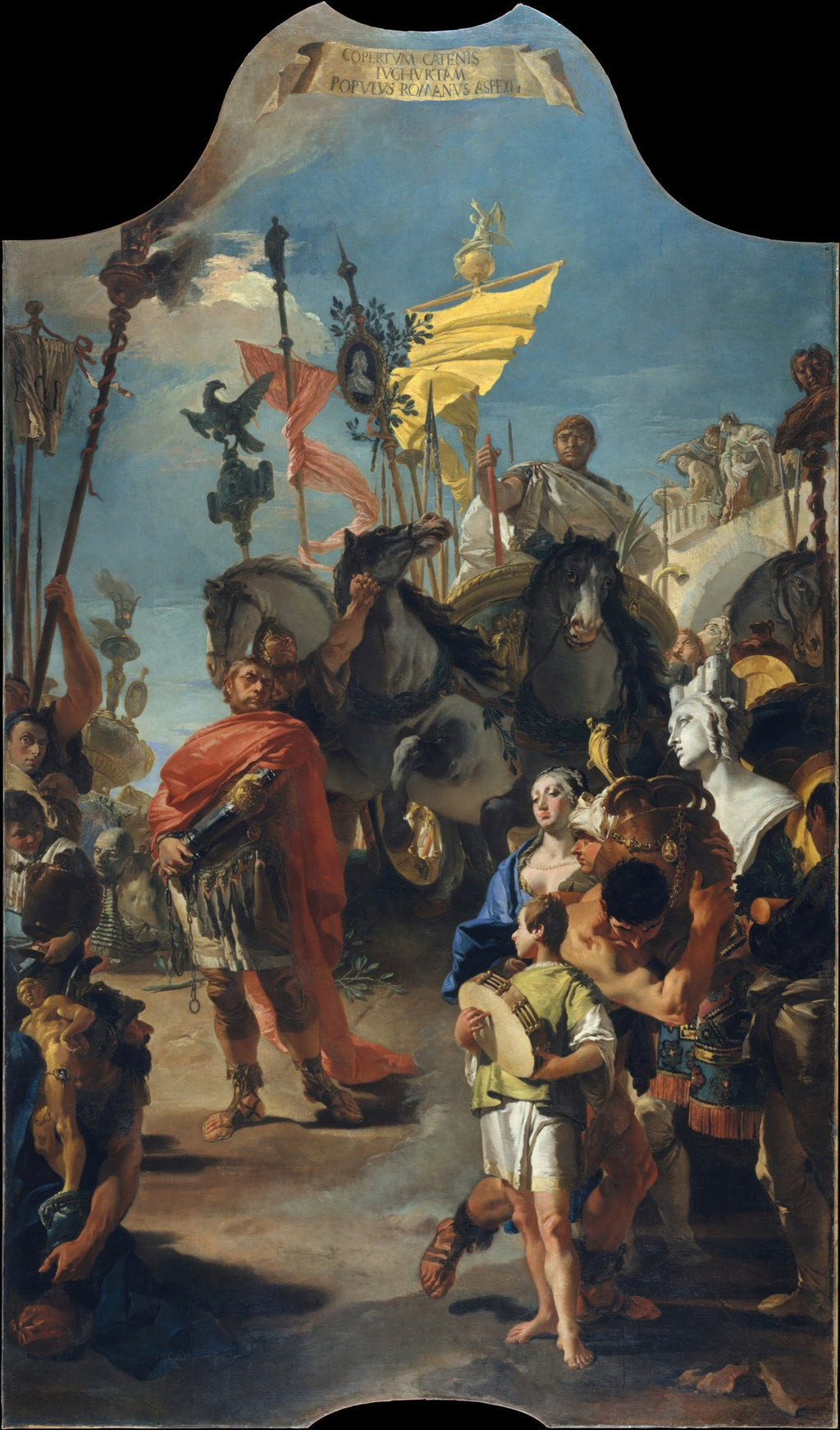 Quadro decorativo com a pintura 'O Triunfo de Mário' de Giovanni Battista Tiepolo. A obra mostra uma cena grandiosa de um desfile romano com figuras em roupas clássicas, estandartes, cavalos e uma multidão, com destaque para a figura central em túnica vermelha.