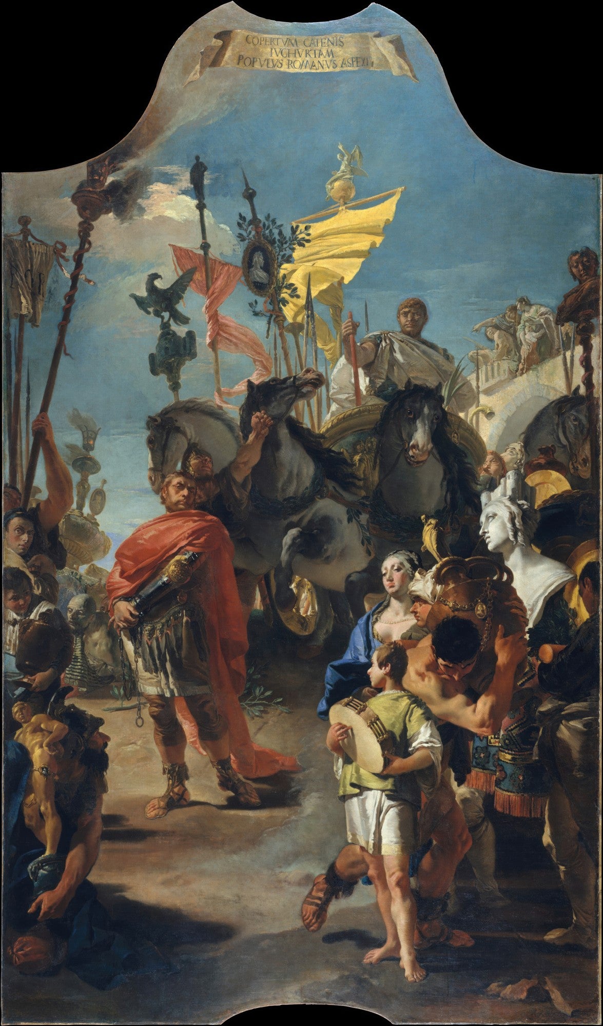 Quadro decorativo com a pintura 'O Triunfo de Mário' de Giovanni Battista Tiepolo. A obra mostra uma cena grandiosa de um desfile romano com figuras em roupas clássicas, estandartes, cavalos e uma multidão, com destaque para a figura central em túnica vermelha.