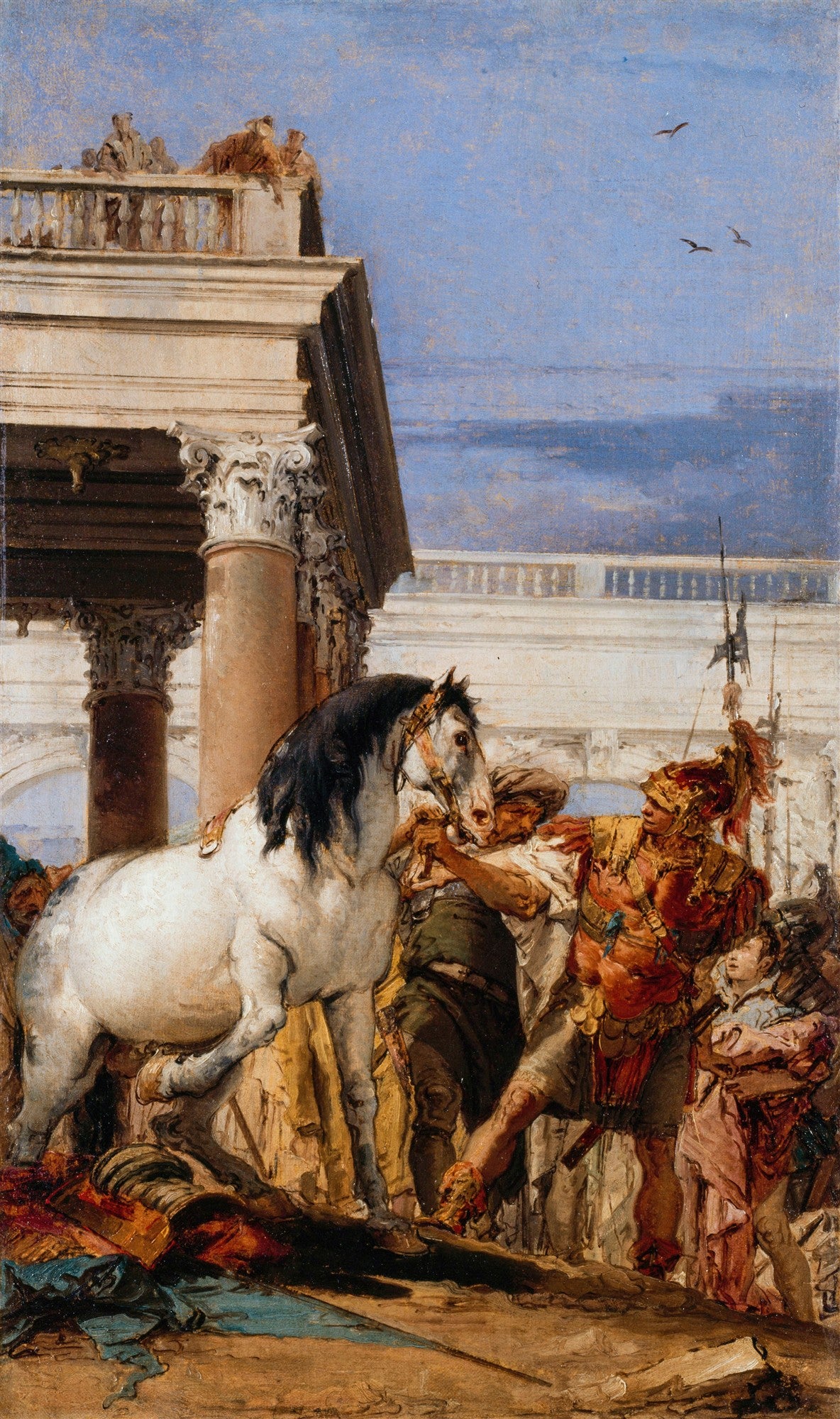 Pintura a óleo atribuída a Giovanni Battista Tiepolo, retratando a cena dramática da domesticação do cavalo Bucéfalo por Alexandre, o Grande, com um cavalo branco empinando-se no centro da composição, rodeado por figuras em trajes clássicos, sob uma arquitetura majestosa e um céu azul vibrante.