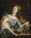 Quadro de Giovanni Battista Tiepolo, 'A Música', representando uma figura feminina com coroa de flores e vestido azul e dourado, olhando para cima com expressão de êxtase, tocando um instrumento musical com partitura. Um anjo ou querubim a observa ao lado. Obra de arte rococó.