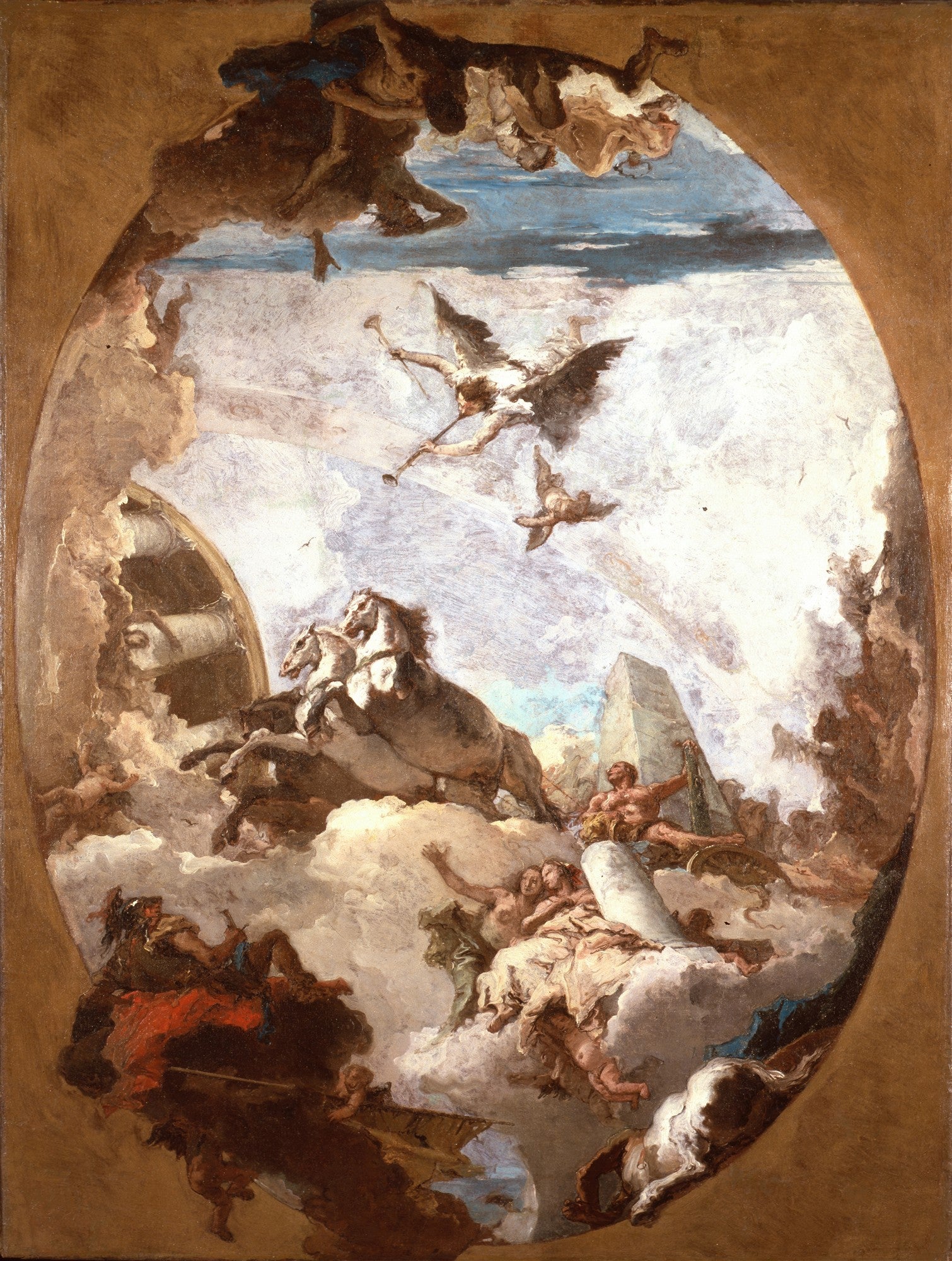 Pintura oval de Giovanni Battista Tiepolo, 'Apolo e as Horas', representando Apolo em seu carro puxado por quatro cavalos em meio a nuvens, cercado por figuras mitológicas e anjos, com tons predominantemente ocres, brancos e azuis.
