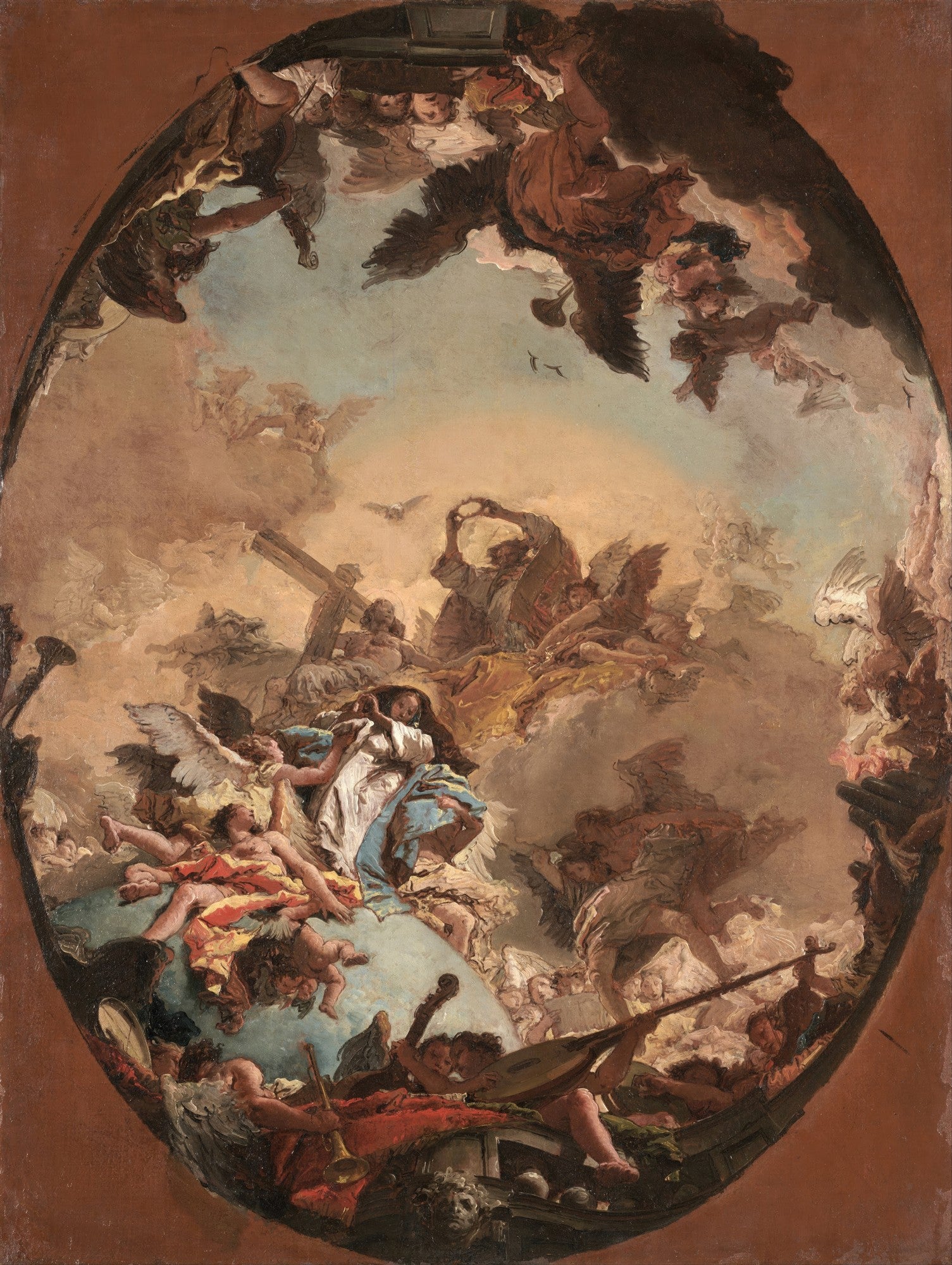 Pintura oval de Tiepolo, "A Glorificação de São Fidélis de Sigmaringa", mostrando uma cena celestial com anjos, figuras em nuvens e elementos religiosos, em tons terrosos, azuis e dourados.