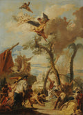Pintura a óleo de Giovanni Battista Tiepolo, 'A Queda do Maná', representando uma cena bíblica com figuras em um cenário paisagístico dramático e anjos nos céus. Dominam tons terrosos, azuis e dourados.