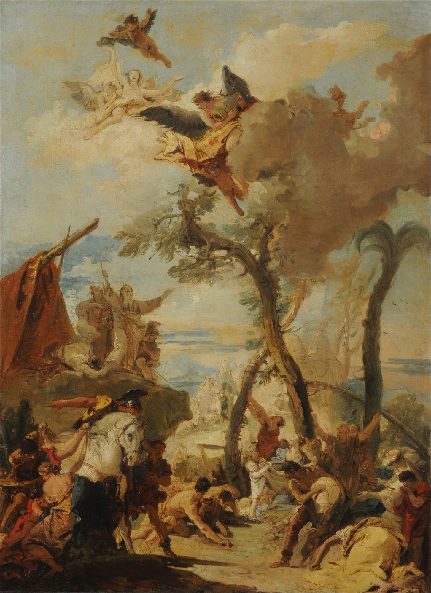 Pintura a óleo de Giovanni Battista Tiepolo, 'A Queda do Maná', representando uma cena bíblica com figuras em um cenário paisagístico dramático e anjos nos céus. Dominam tons terrosos, azuis e dourados.