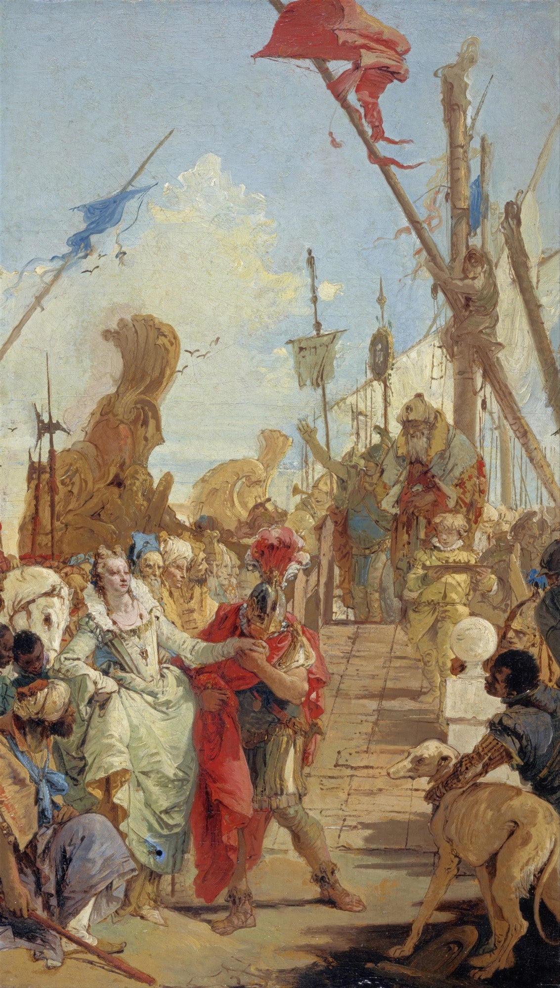 Pintura a óleo de Giovanni Battista Tiepolo, 'A Chegada de Cleópatra', mostrando uma rainha ricamente vestida em um cais, cercada por figuras históricas, militares e cães, com navios ao fundo e bandeiras vermelhas e azuis. A cena é vibrante e cheia de movimento, com tons de ocre, vermelho e azul-celeste.