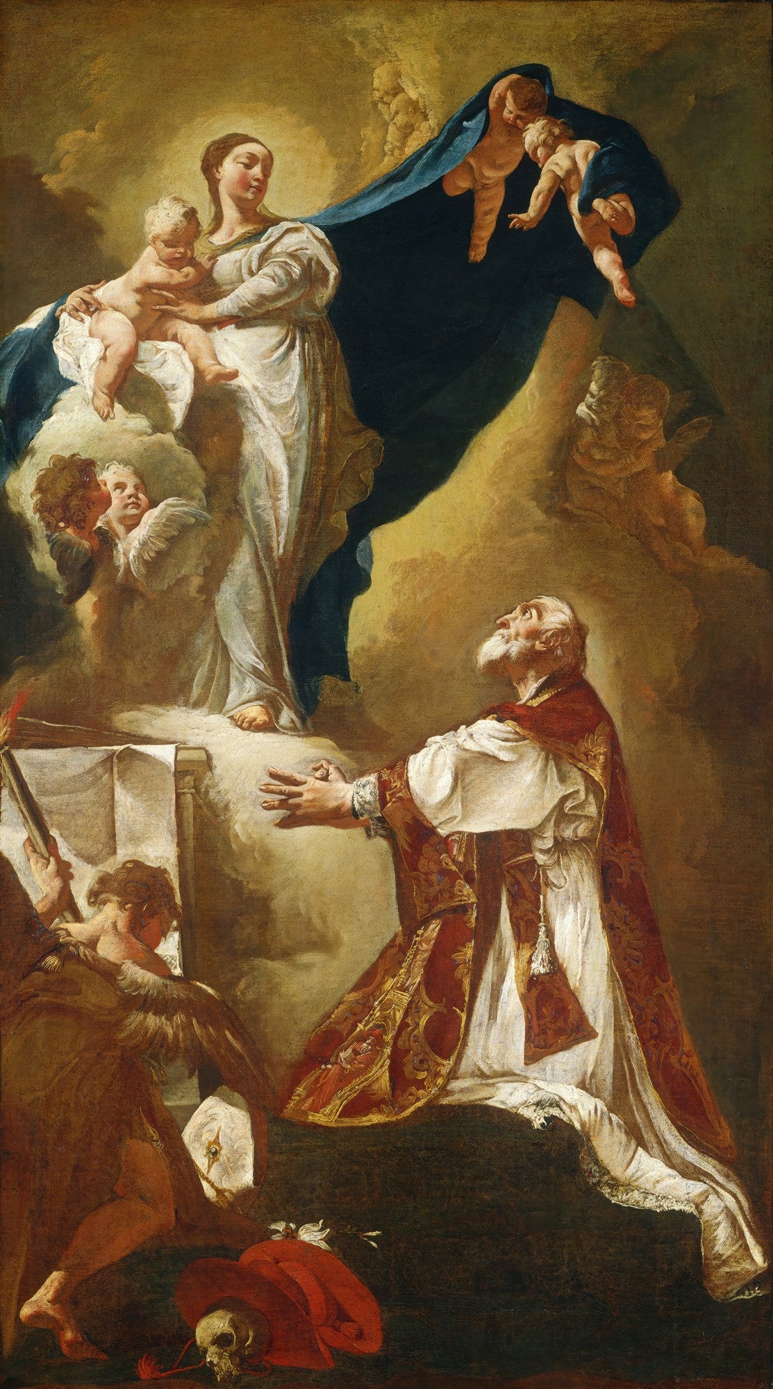 Pintura a óleo de Giovanni Battista Piazzetta, 'A Virgem e o Menino com São Filipe Neri'. Mostra a Virgem Maria e o Menino Jesus em nuvens celestiais, e São Filipe Neri ajoelhado em oração, com anjos e símbolos religiosos ao redor.