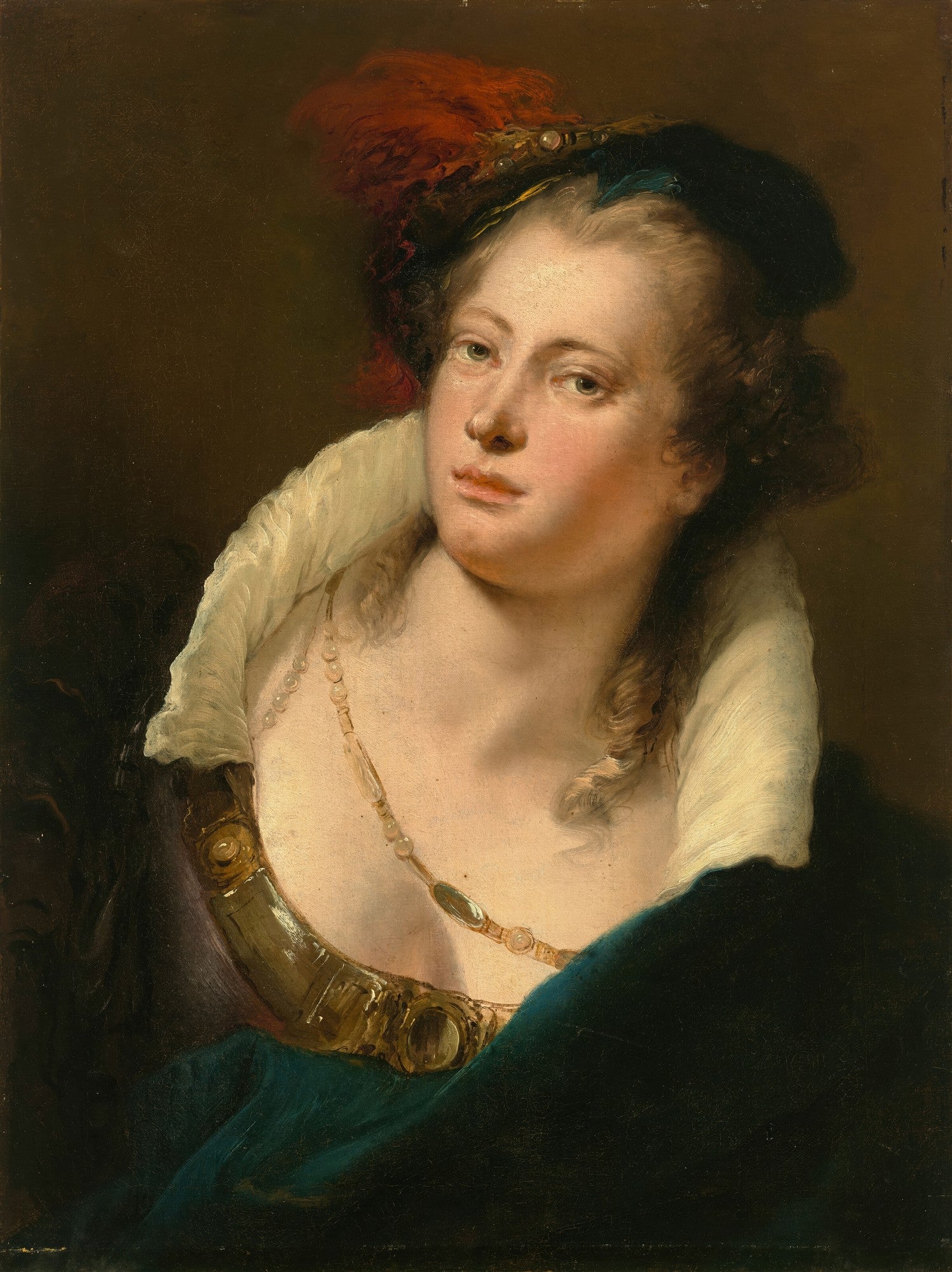 Retrato clássico de uma mulher com chapéu de plumas vermelhas e colar, atribuído a Giovanni Battista Tiepolo. A mulher tem um semblante pensativo e veste um colarinho branco e um manto azul-petróleo. A imagem tem um fundo escuro.