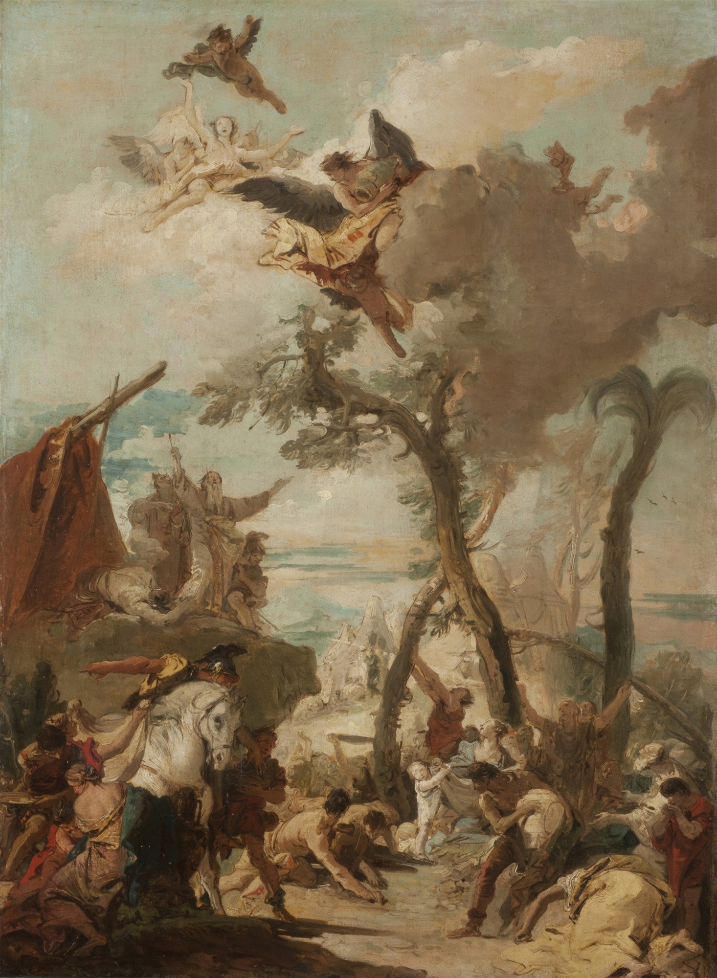 Pintura a óleo de Giovanni Battista Tiepolo, 'A Adoração do Bezerro de Ouro', cena bíblica dramática com figuras celestiais e terrestres em um cenário paisagístico com árvores e montanhas, tons terrosos e celestes.