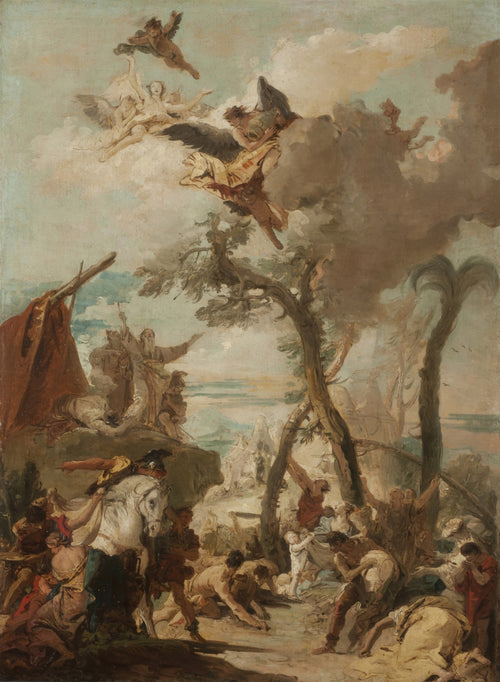 Pintura a óleo de Giovanni Battista Tiepolo, 'A Adoração do Bezerro de Ouro', cena bíblica dramática com figuras celestiais e terrestres em um cenário paisagístico com árvores e montanhas, tons terrosos e celestes.