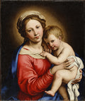 Quadro decorativo da Madonna e Menino de Sassoferrato. A Virgem Maria, com um manto azul e vestes vermelhas, segura o Menino Jesus, que está coberto por um pano branco. Ambos olham para o espectador, com halos de luz ao redor de suas cabeças. O fundo é escuro.