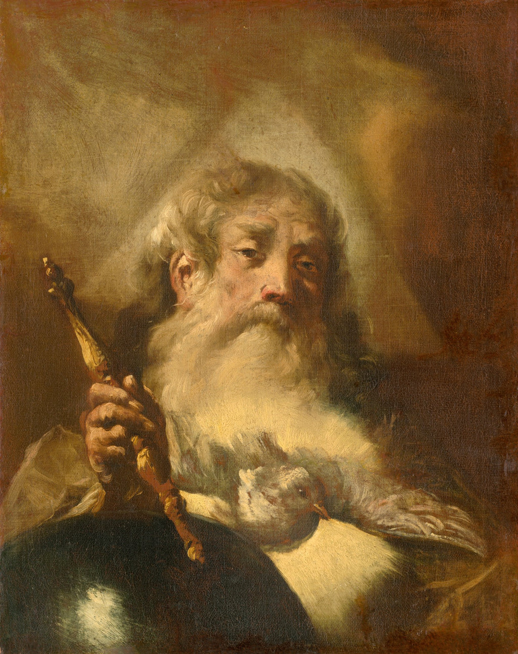Retrato de um homem idoso barbudo, com expressão serena, segurando um bastão e uma pomba branca no colo, em tons terrosos e iluminação dramática, estilo barroco.