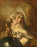 Retrato de um homem idoso barbudo, com expressão serena, segurando um bastão e uma pomba branca no colo, em tons terrosos e iluminação dramática, estilo barroco.
