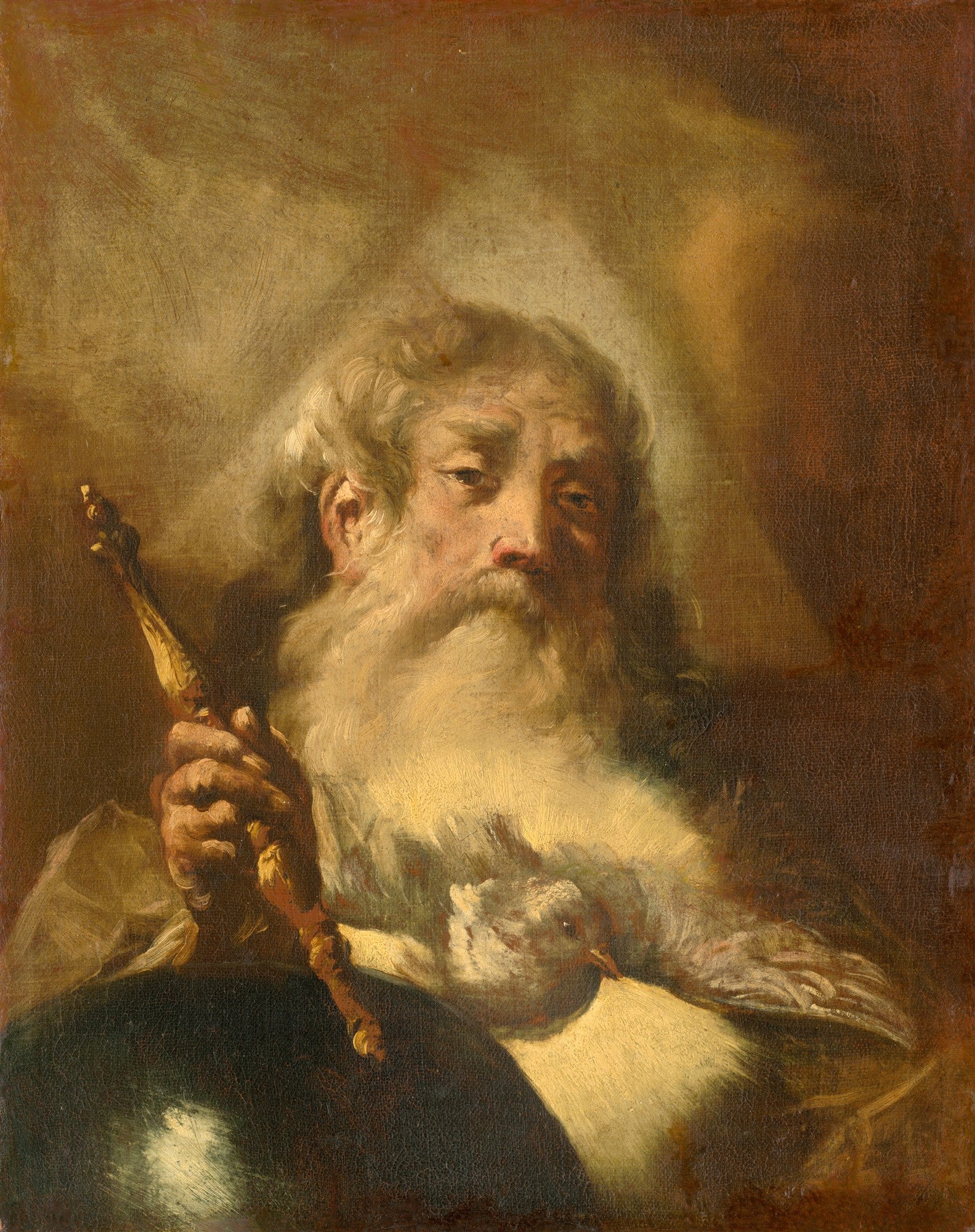 Retrato de um homem idoso barbudo, com expressão serena, segurando um bastão e uma pomba branca no colo, em tons terrosos e iluminação dramática, estilo barroco.