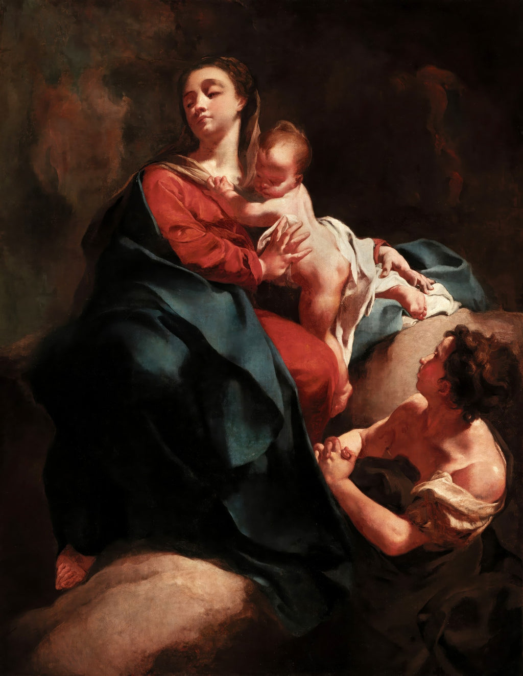 Quadro decorativo da Virgem Maria segurando o Menino Jesus, com São Filipe Neri ajoelhado e olhando para cima, em estilo barroco com forte contraste de luz e sombra. Obra de Giovanni Battista Piazzetta.