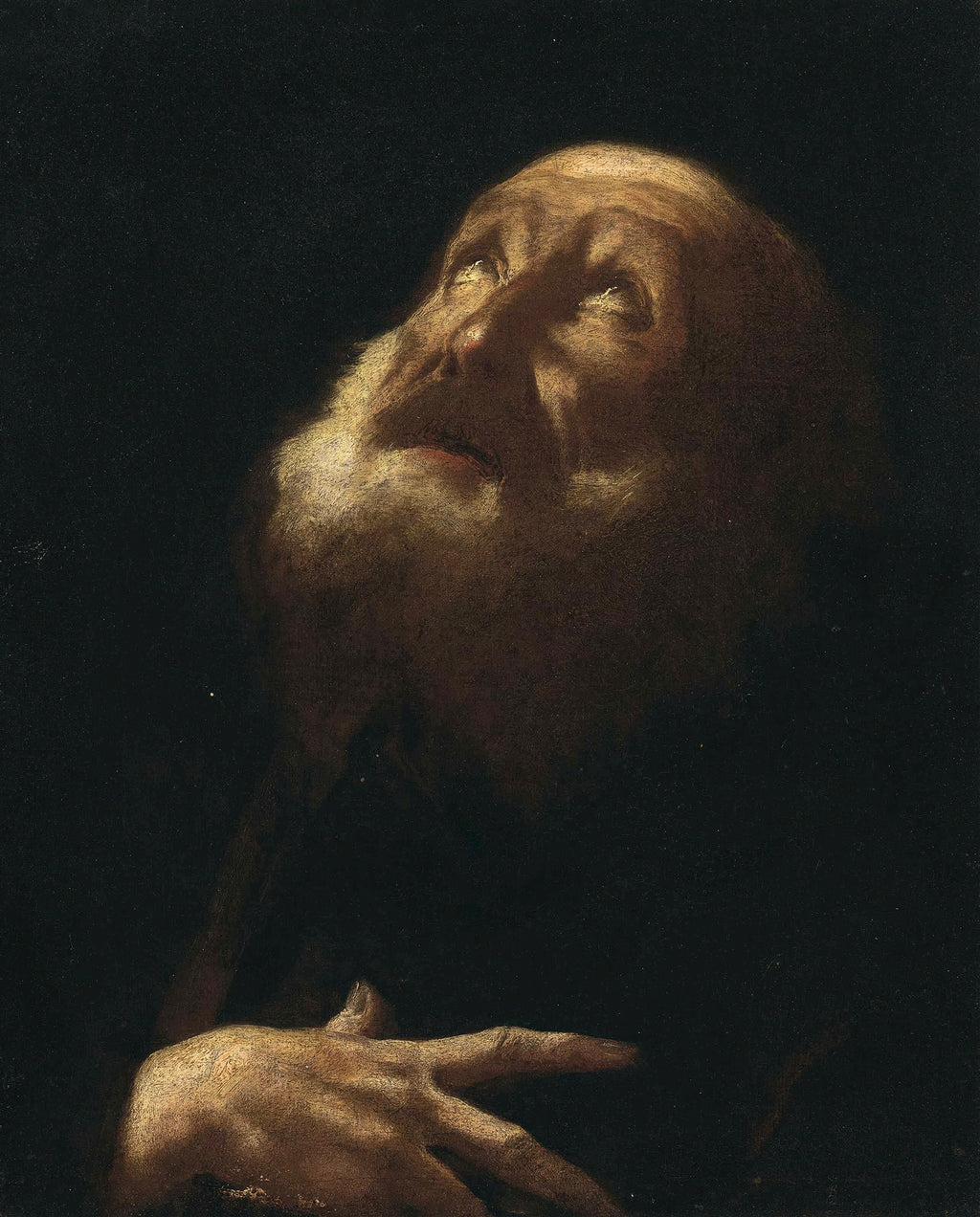 Retrato em close-up de um homem idoso com barba, olhando para cima com uma expressão de devoção ou êxtase, iluminado por uma luz dramática vinda do alto em um fundo escuro. A obra é de Giovanni Battista Piazzetta.