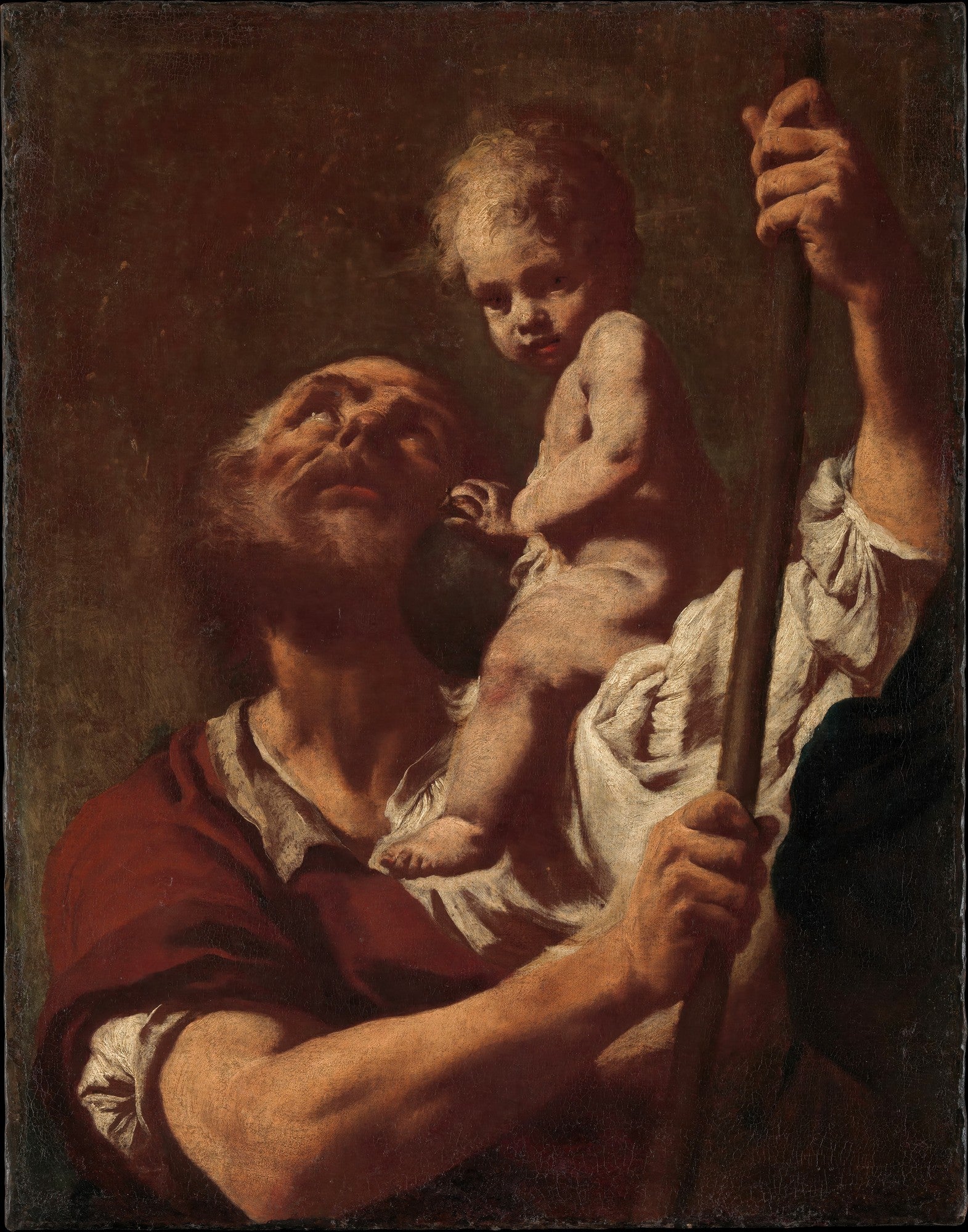 Quadro decorativo com pintura barroca de São Cristóvão, um homem barbudo com olhar para cima, carregando o Menino Jesus em seus ombros. O Menino Jesus, nu, olha para frente. Cores escuras e dramáticas, com foco na luz sobre as figuras.