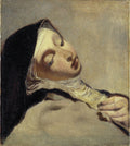 Pintura a óleo de Giovanni Battista Piazzetta, Retrato de uma figura feminina com véu e expressão de êxtase ou morte, em tons escuros e dourados.