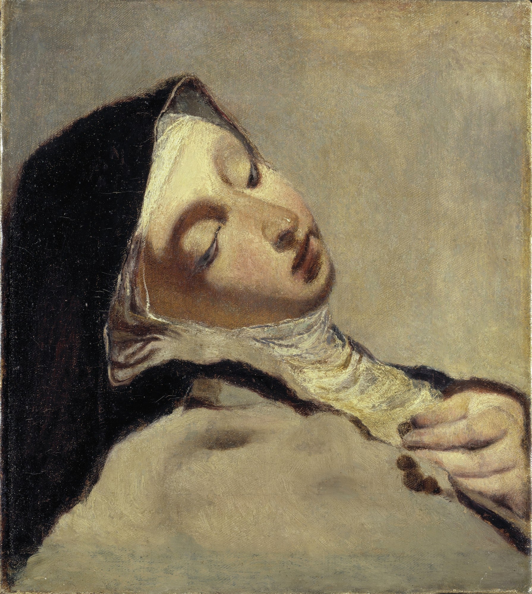 Pintura a óleo de Giovanni Battista Piazzetta, Retrato de uma figura feminina com véu e expressão de êxtase ou morte, em tons escuros e dourados.
