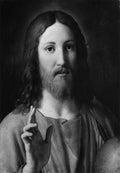 Quadro decorativo com imagem de Jesus Cristo, atribuída a Sassoferrato. Jesus está retratado em close-up, com cabelos longos e barba, olhando diretamente para frente, com a mão direita levantada em um gesto de bênção. A imagem é em tons de preto e branco, com um fundo escuro que realça a figura de Cristo. A expressão é serena e compassiva.