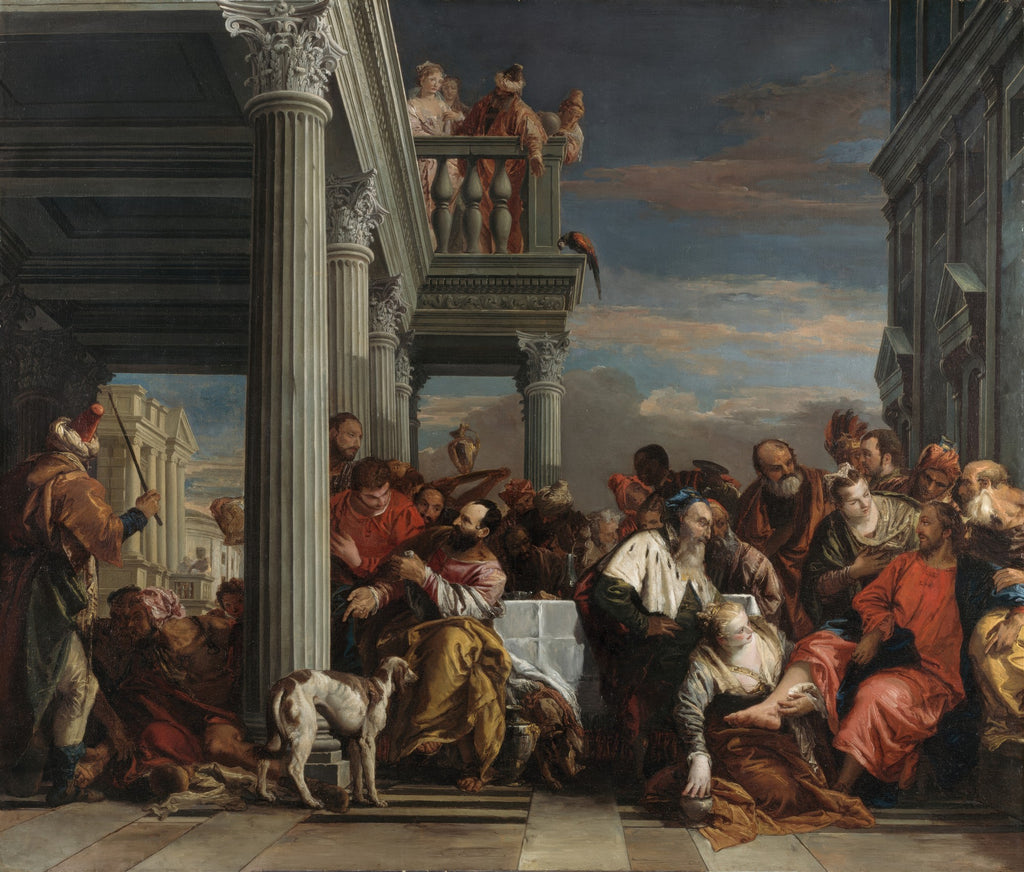 Quadro decorativo 'A Lavagem dos Pés' de Giovanni Battista Tiepolo, representando uma cena bíblica com Jesus lavando os pés de um discípulo, em um cenário arquitetônico clássico com pilares e figuras humanas em grupos, sob um céu dramático.