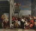 Quadro decorativo 'A Lavagem dos Pés' de Giovanni Battista Tiepolo, representando uma cena bíblica com Jesus lavando os pés de um discípulo, em um cenário arquitetônico clássico com pilares e figuras humanas em grupos, sob um céu dramático.