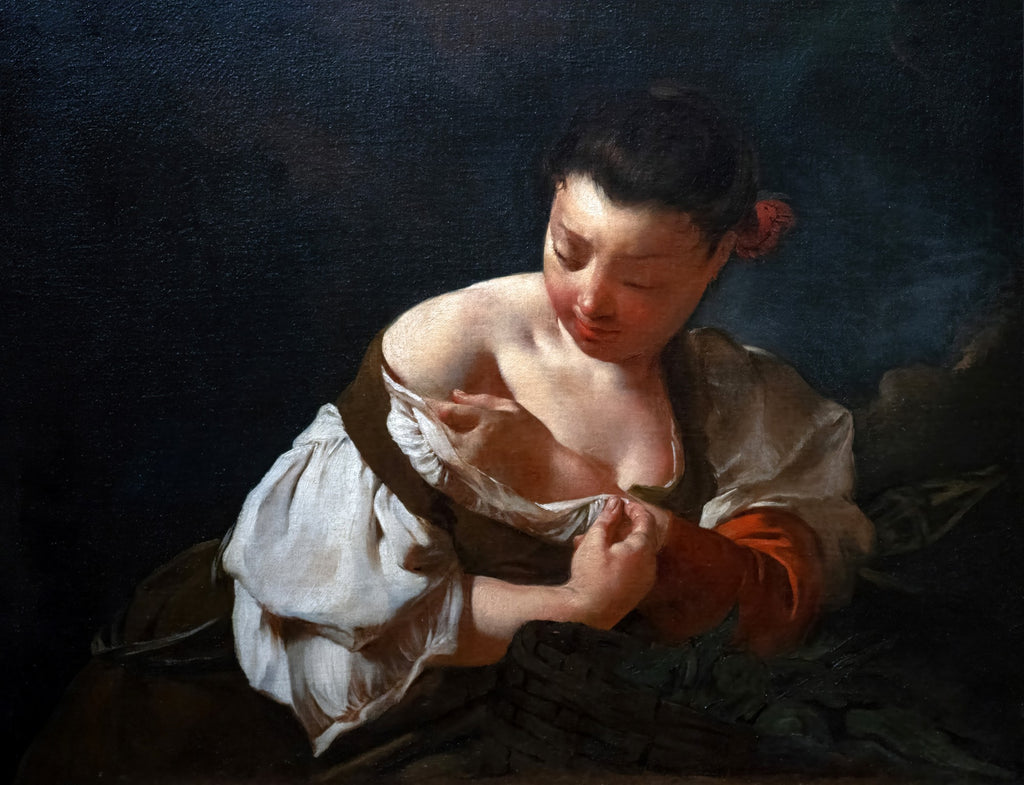 Pintura a óleo de Giovanni Battista Piazzetta, 'A Jovem Cozinheira', retratando uma mulher de perfil, com iluminação dramática no rosto e colo, sobre um fundo escuro. Ela segura a barra de sua blusa branca com as mãos.