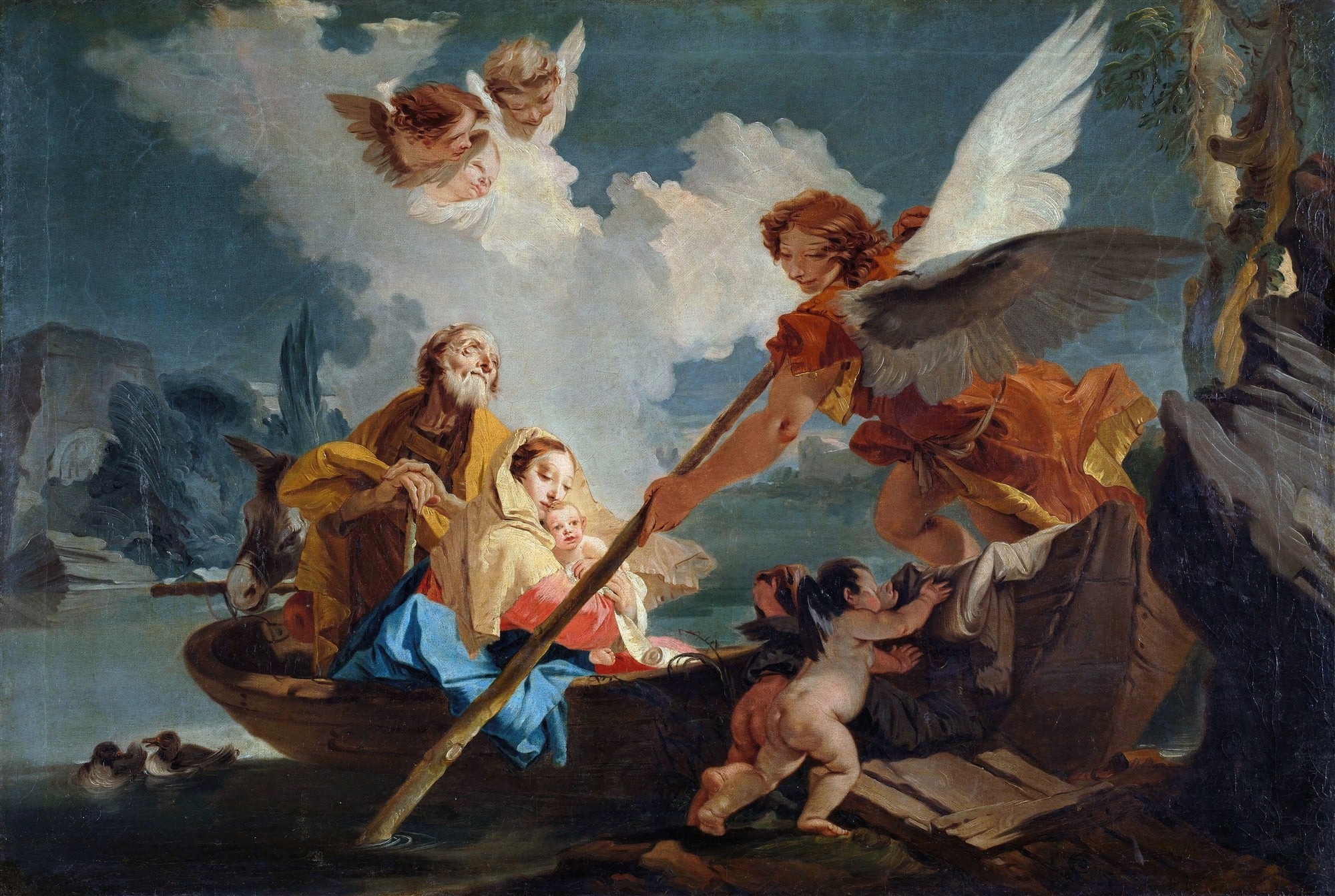Pintura "A Fuga para o Egito" de Giovanni Battista Tiepolo, representando a Virgem Maria, São José e o Menino Jesus em um barco, guiados por um anjo em um cenário noturno e nuvens com anjos.