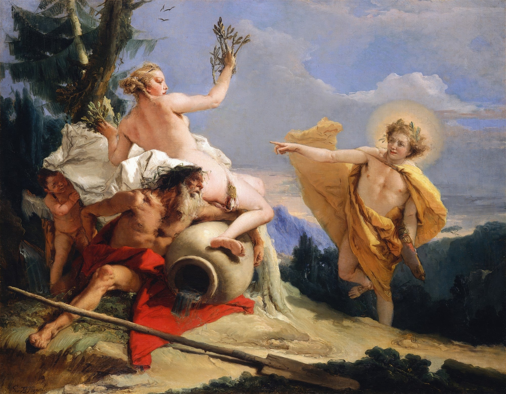 Quadro decorativo com cena mitológica de Apolo e Dafne, atribuída a Giovanni Battista Tiepolo. Apolo, à direita, aponta enquanto Dafne se transforma em louro, com uma figura de rio barbuda e um cupido à esquerda.