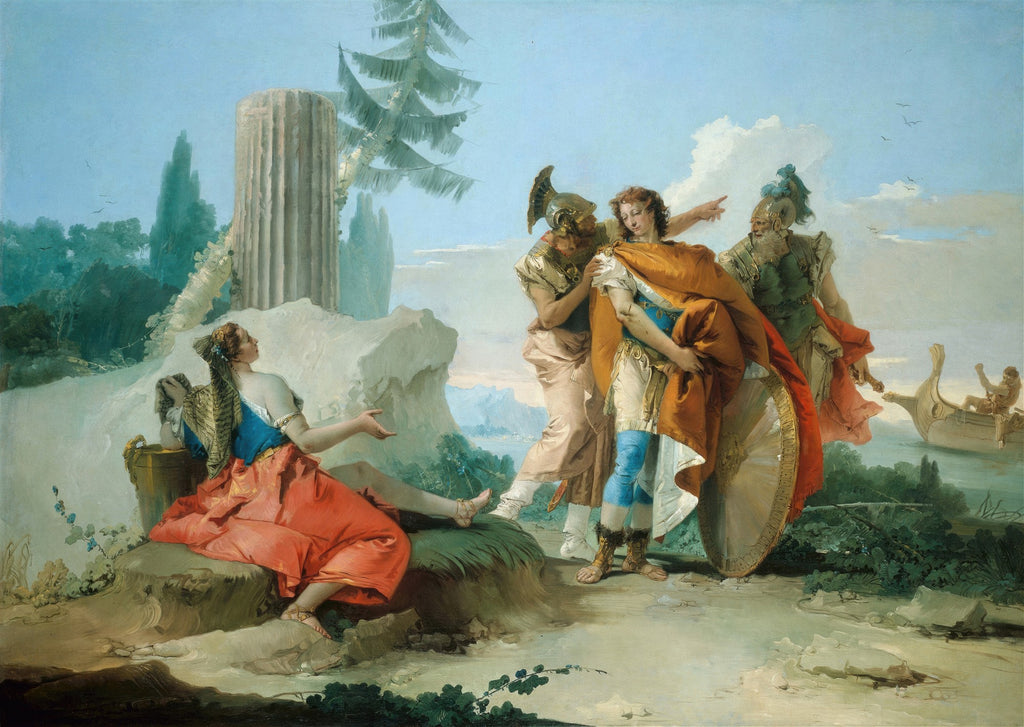 Pintura de Giovanni Battista Tiepolo, Aeneas Abandonando Dido, mostrando figuras mitológicas em uma paisagem clássica com ruínas e um barco ao fundo. Dido, em vermelho e azul, sentada à esquerda, enquanto Eneias e outros homens, em vestes ricas, partem à direita, apontando para o horizonte. O céu é azul claro com poucas nuvens.
