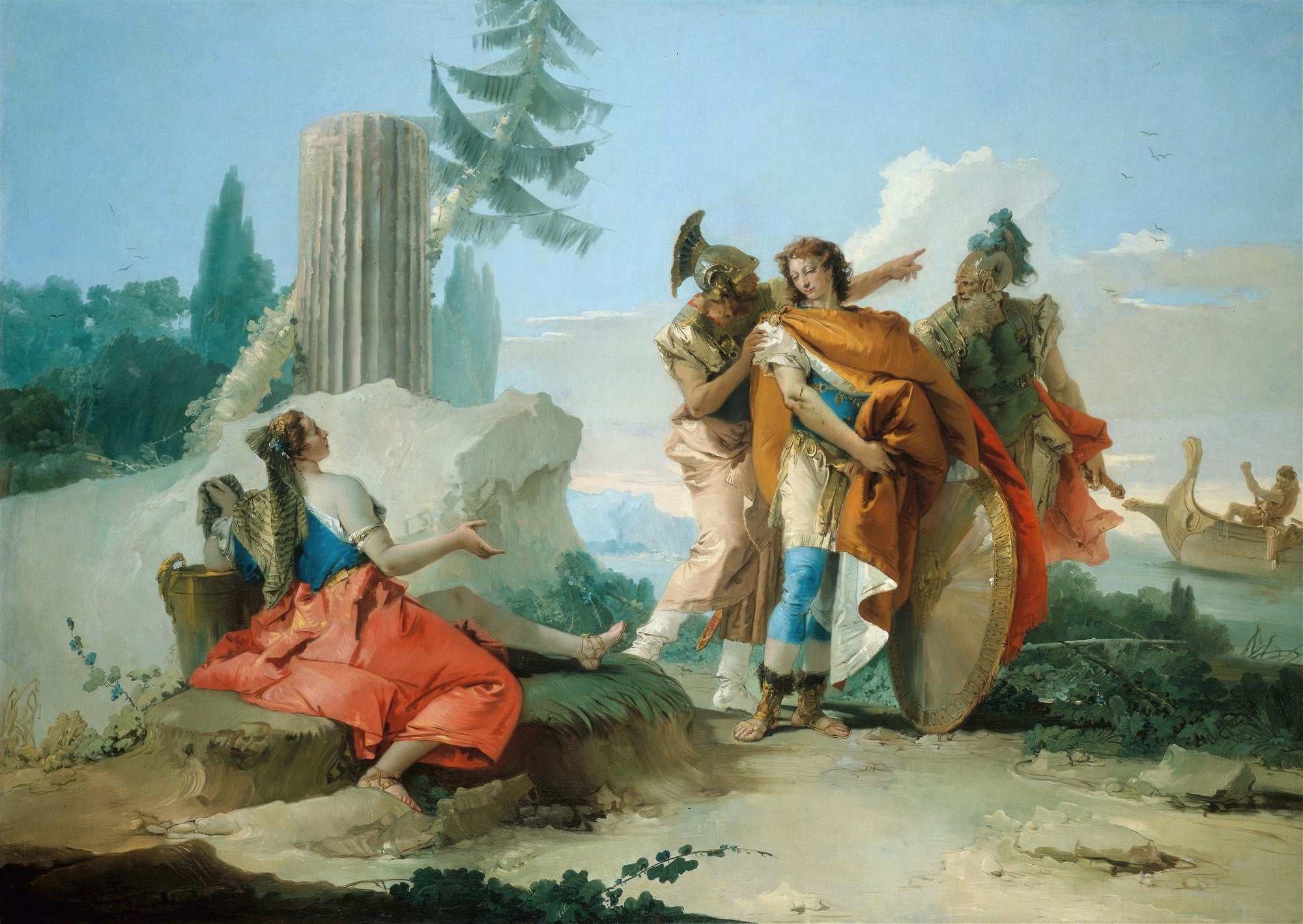 Pintura de Giovanni Battista Tiepolo, Aeneas Abandonando Dido, mostrando figuras mitológicas em uma paisagem clássica com ruínas e um barco ao fundo. Dido, em vermelho e azul, sentada à esquerda, enquanto Eneias e outros homens, em vestes ricas, partem à direita, apontando para o horizonte. O céu é azul claro com poucas nuvens.