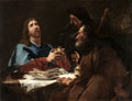 Quadro decorativo "A Ceia em Emaús" de Giovanni Battista Piazzetta, mostrando três homens em uma mesa com Jesus ao centro, olhando para cima com expressão de êxtase, enquanto os outros dois o observam com surpresa e reverência. A iluminação dramática realça as figuras em um fundo escuro. A mesa tem pães, vinho e aspargos.