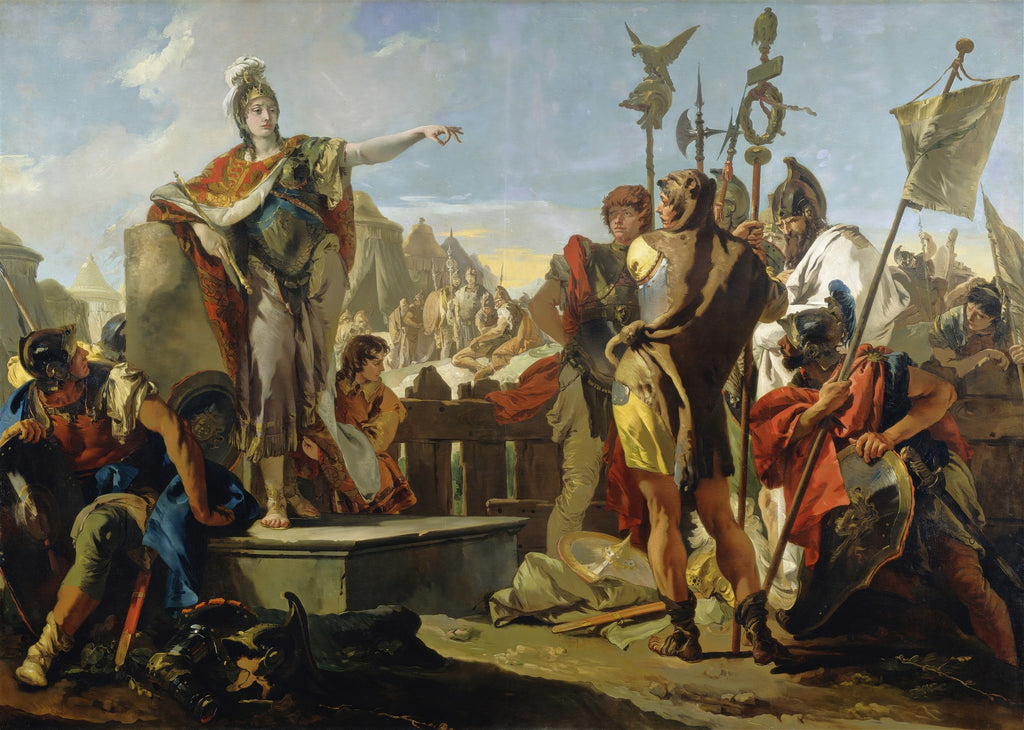 Quadro decorativo detalhado de Giovanni Battista Tiepolo, representando uma cena histórica com uma figura feminina central em pedestal gesticulando para soldados e outras figuras.