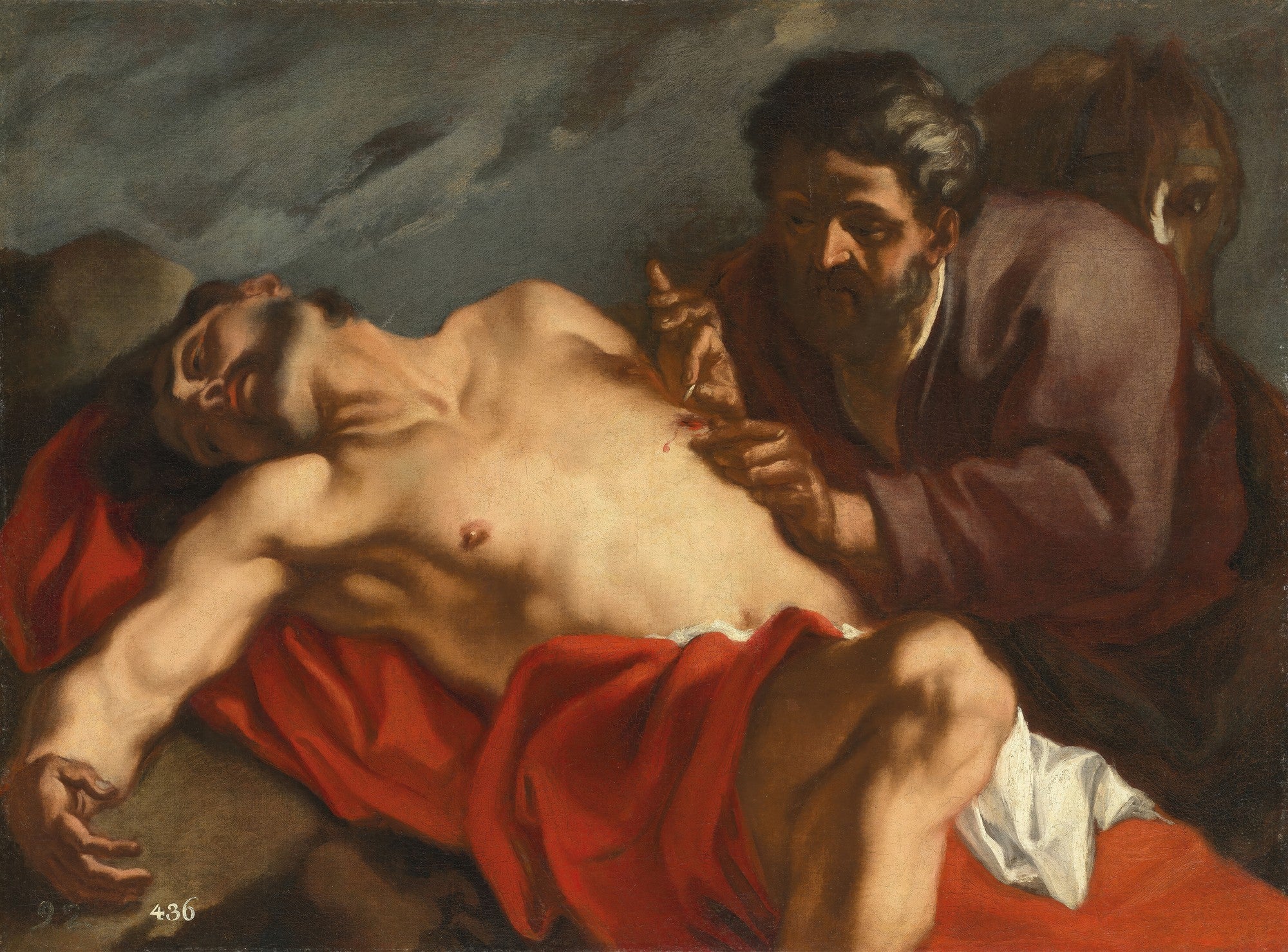Quadro decorativo "A Dúvida de Tomé" de Giovanni Battista Piazzetta, retratando Cristo seminu com uma ferida no flanco, enquanto Tomé, com expressão séria, toca a ferida. A cena é dramática, com iluminação contrastada e vestes vermelhas vibrantes. Um cavalo aparece ao fundo.