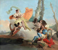 Pintura rococó 'A Força da Eloquência' de Giovanni Battista Tiepolo, retratando figuras mitológicas em nuvens, com uma mulher sentada em um carro alegórico puxado por um cupido, e outras figuras em primeiro plano, uma delas com escudo, em tons pastéis e azuis.