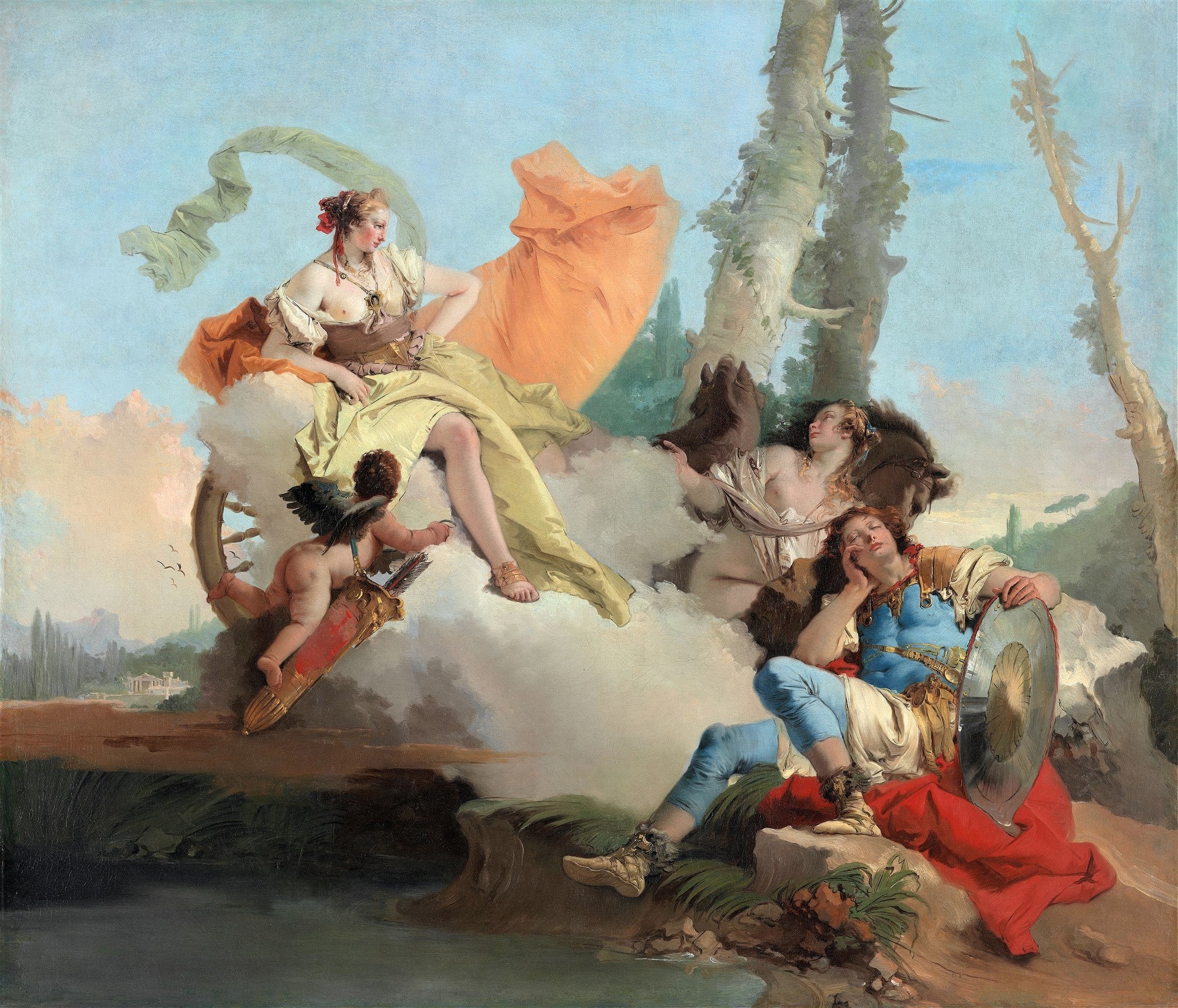 Pintura rococó 'A Força da Eloquência' de Giovanni Battista Tiepolo, retratando figuras mitológicas em nuvens, com uma mulher sentada em um carro alegórico puxado por um cupido, e outras figuras em primeiro plano, uma delas com escudo, em tons pastéis e azuis.