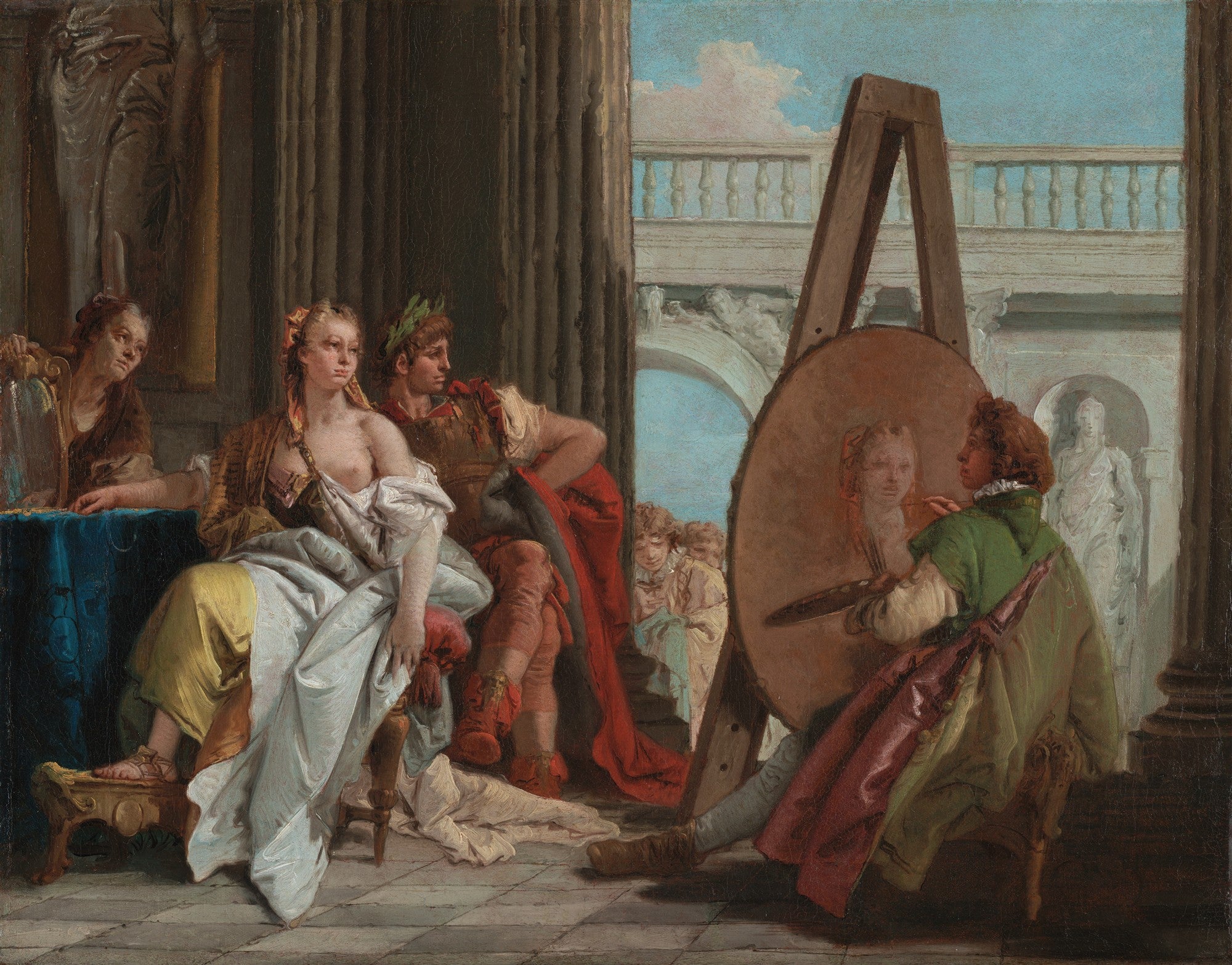 Quadro decorativo mostrando a obra 'Apolo e Daphne' de Giovanni Battista Tiepolo, com uma mulher seminu sentada olhando para o artista pintando seu retrato, enquanto um homem com coroa de louros a observa. O cenário é clássico, com colunas e arquitetura antiga.