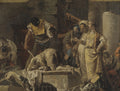 Quadro decorativo retratando a "Decapitação de São João Batista" de Tiepolo, com figuras em tons terrosos e dourados, em uma cena dramática.