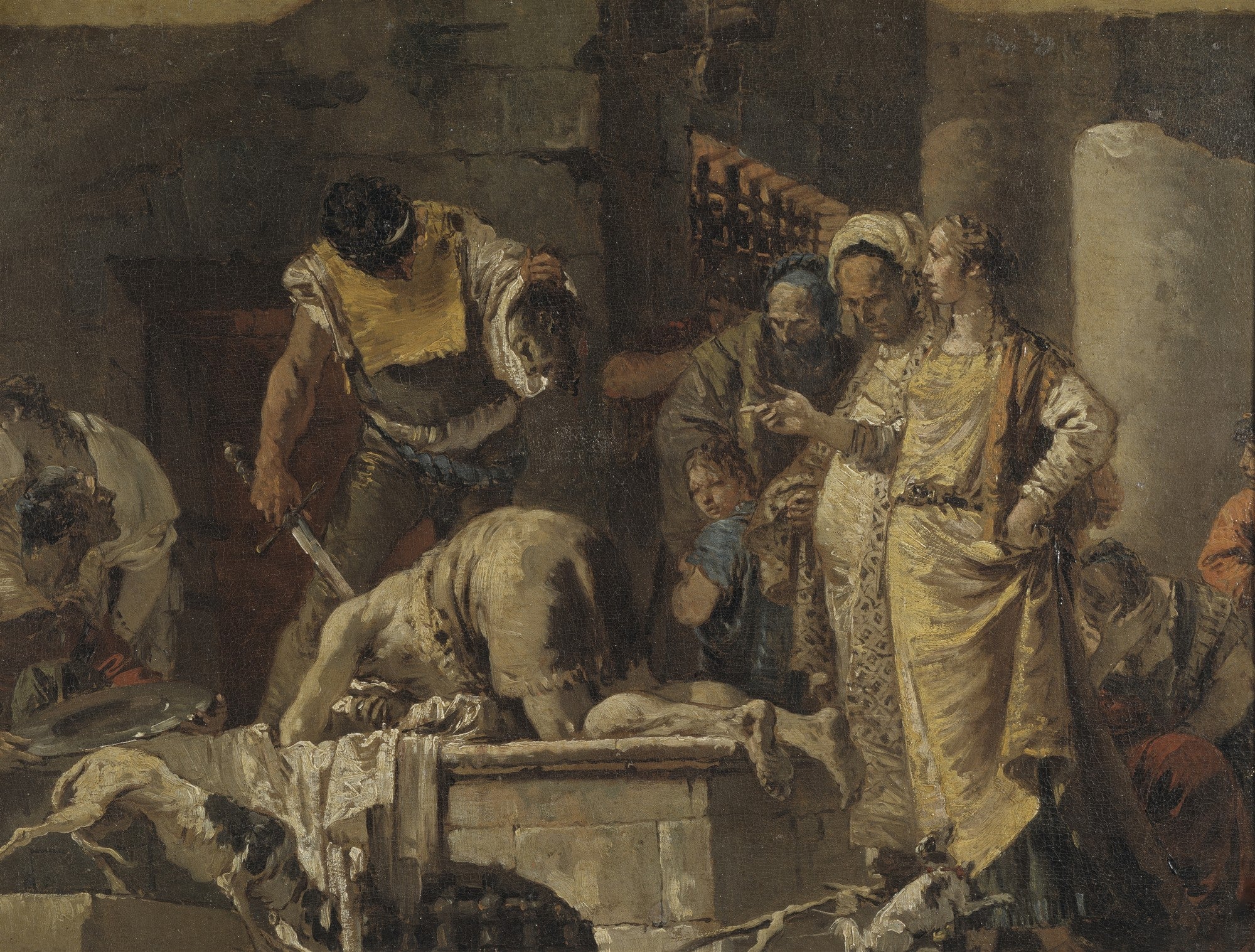 Quadro decorativo retratando a "Decapitação de São João Batista" de Tiepolo, com figuras em tons terrosos e dourados, em uma cena dramática.