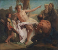 Pintura a óleo de Giovanni Battista Tiepolo, 'Apolo e Mársias', mostrando Apolo sentado com uma coroa de louros, apontando para longe, enquanto um sátiro toca flauta de pã. Outras figuras observam a cena em um cenário campestre.