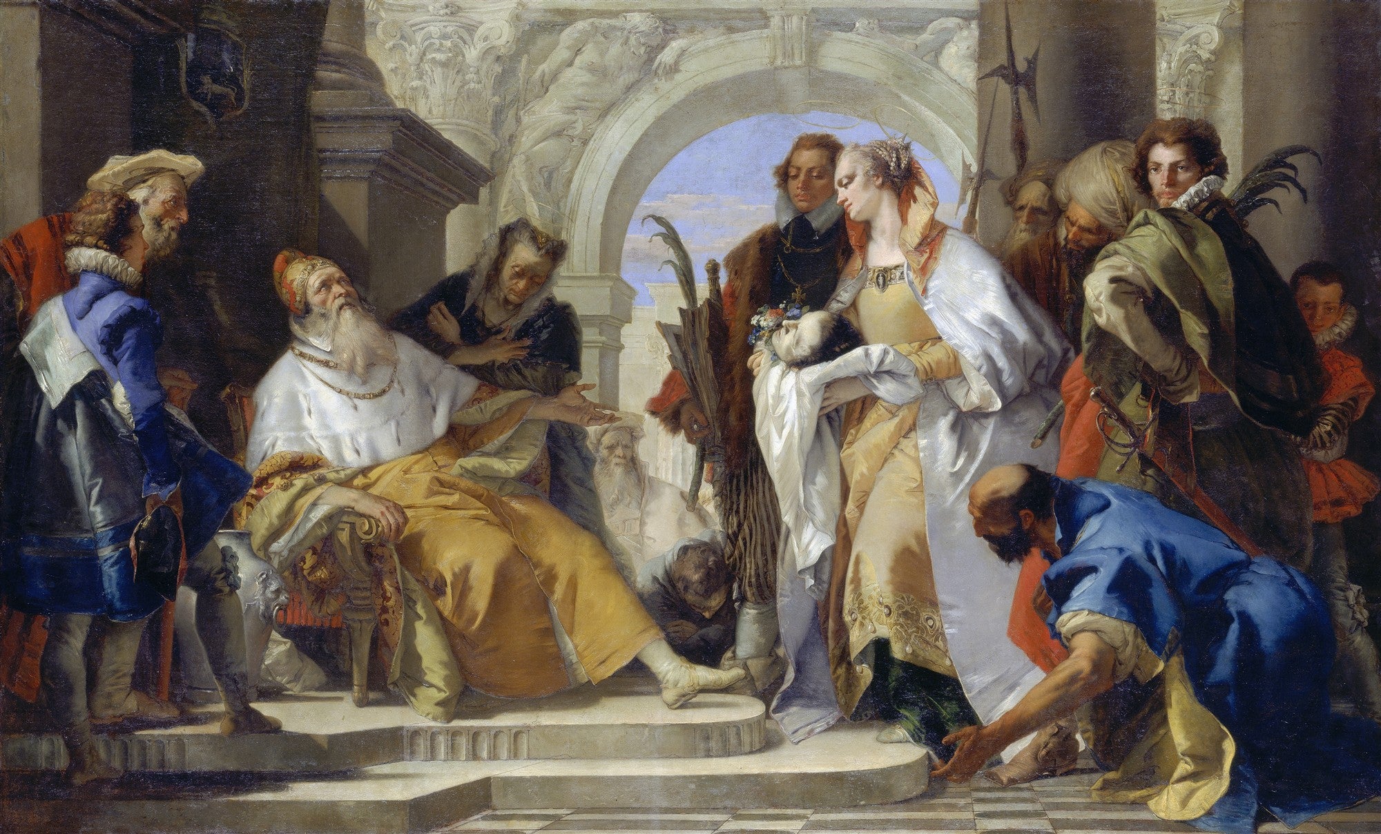 Pintura 'A Morte de Sêneca' de Giovanni Battista Tiepolo, mostrando uma cena dramática com várias figuras em vestes históricas ao redor de um homem idoso reclinado, com rica paleta de cores e detalhes arquitetônicos ao fundo.