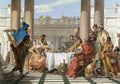 Pintura 'O Banquete de Cleópatra' de Giovanni Battista Tiepolo, mostrando uma cena suntuosa com personagens ricamente vestidos em um ambiente arquitetônico grandioso, colunas e um céu azul ao fundo.