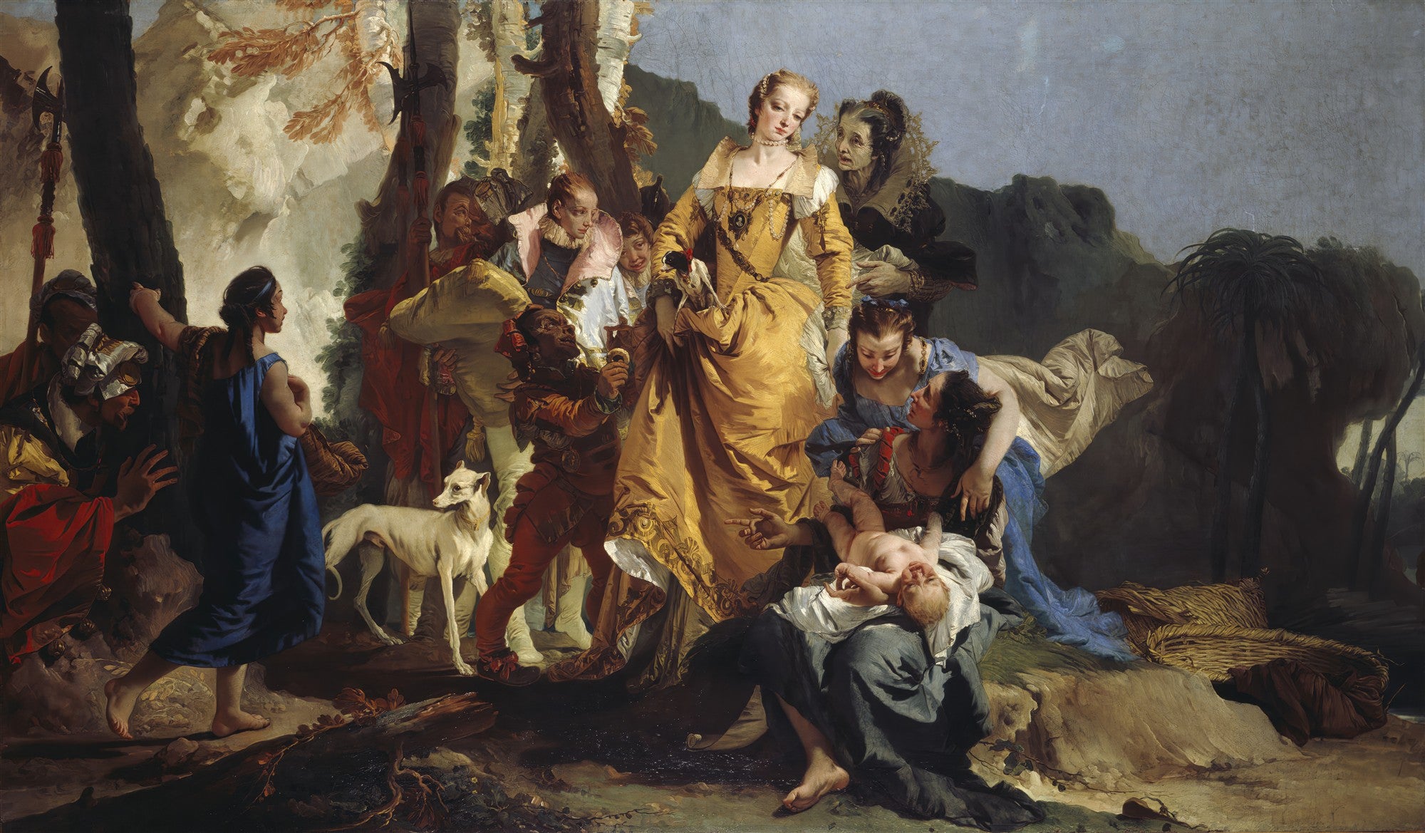 Pintura 'A Descoberta de Moisés' de Giovanni Battista Tiepolo, exibindo uma cena bíblica com figuras ricamente vestidas e um bebê em um cesto, em estilo rococó.