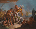 Pintura rococó de Giovanni Battista Tiepolo, representando a chegada de Baco. Figuras mitológicas em cores vibrantes, com nuvens e um navio ao fundo.
