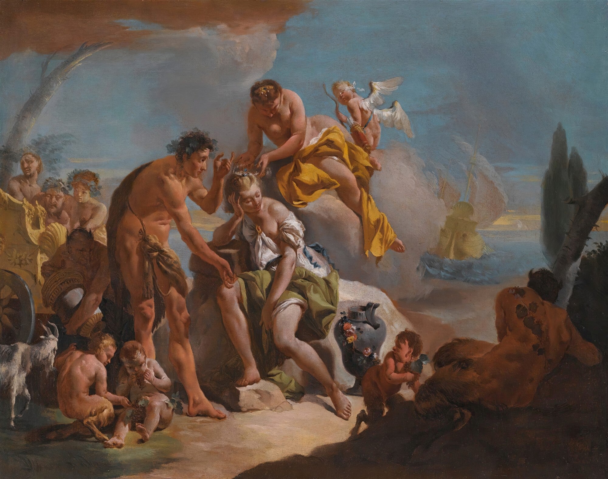 Pintura rococó de Giovanni Battista Tiepolo, representando a chegada de Baco. Figuras mitológicas em cores vibrantes, com nuvens e um navio ao fundo.