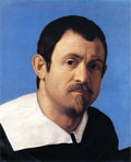 Retrato de um homem com bigode e cavanhaque, vestindo uma gola branca, contra um fundo azul vibrante. Obra atribuída a Giovanni Battista Sassoferrato.