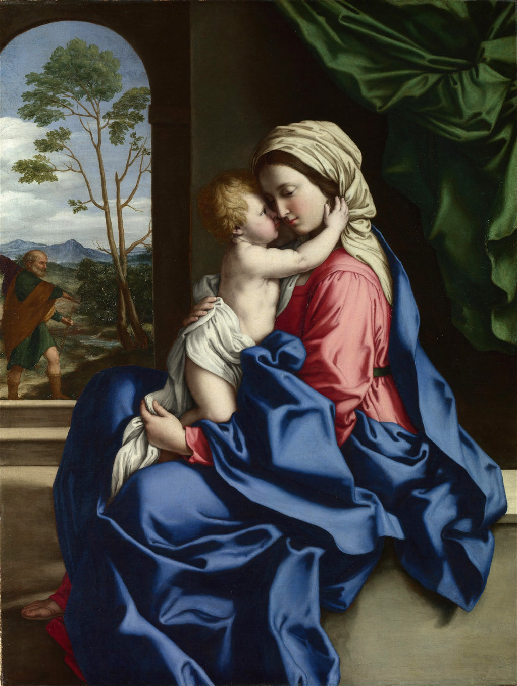 Quadro decorativo Madonna com o Menino de Sassoferrato, retratando a Virgem Maria em manto azul e vestido vermelho segurando o Menino Jesus, que a abraça carinhosamente. Ao fundo, uma paisagem com figura masculina sob um arco.